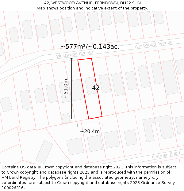 42, WESTWOOD AVENUE, FERNDOWN, BH22 9HN: Plot and title map