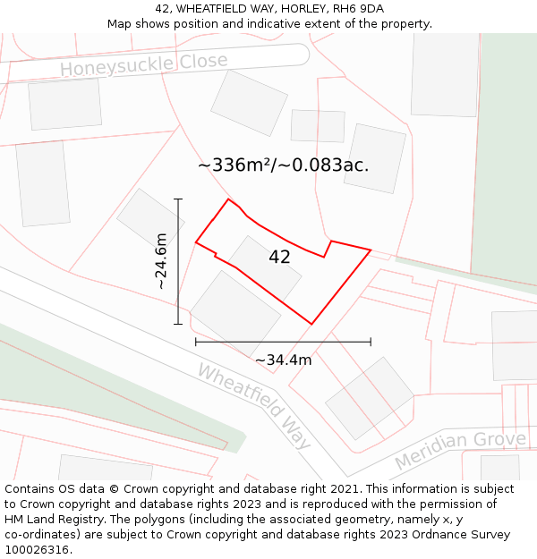 42, WHEATFIELD WAY, HORLEY, RH6 9DA: Plot and title map