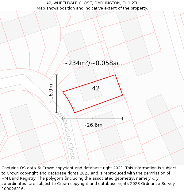 42, WHEELDALE CLOSE, DARLINGTON, DL1 2TL: Plot and title map