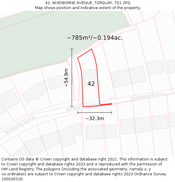 42, WHIDBORNE AVENUE, TORQUAY, TQ1 2PQ: Plot and title map