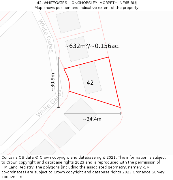 42, WHITEGATES, LONGHORSLEY, MORPETH, NE65 8UJ: Plot and title map