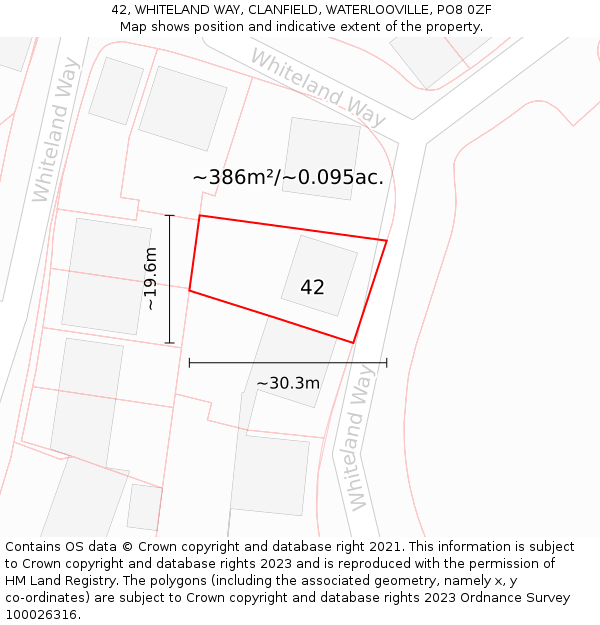 42, WHITELAND WAY, CLANFIELD, WATERLOOVILLE, PO8 0ZF: Plot and title map