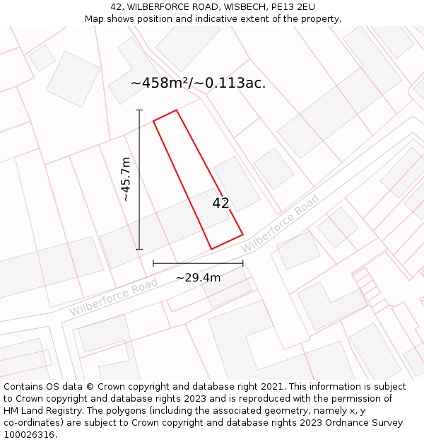 42, WILBERFORCE ROAD, WISBECH, PE13 2EU: Plot and title map