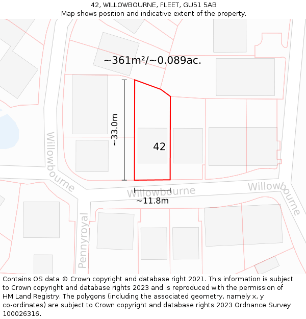 42, WILLOWBOURNE, FLEET, GU51 5AB: Plot and title map