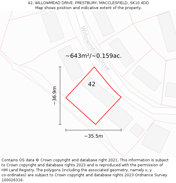 42, WILLOWMEAD DRIVE, PRESTBURY, MACCLESFIELD, SK10 4DD: Plot and title map