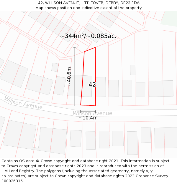 42, WILLSON AVENUE, LITTLEOVER, DERBY, DE23 1DA: Plot and title map