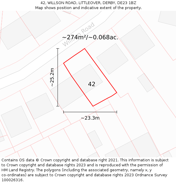 42, WILLSON ROAD, LITTLEOVER, DERBY, DE23 1BZ: Plot and title map