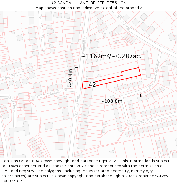42, WINDMILL LANE, BELPER, DE56 1GN: Plot and title map