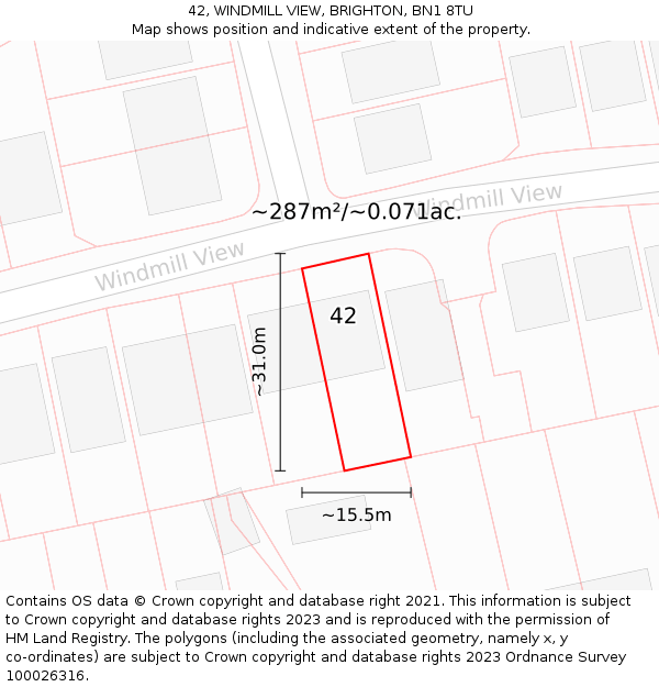42, WINDMILL VIEW, BRIGHTON, BN1 8TU: Plot and title map
