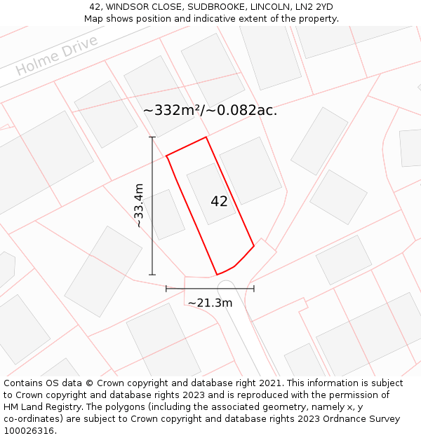 42, WINDSOR CLOSE, SUDBROOKE, LINCOLN, LN2 2YD: Plot and title map
