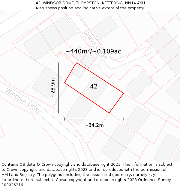 42, WINDSOR DRIVE, THRAPSTON, KETTERING, NN14 4XH: Plot and title map