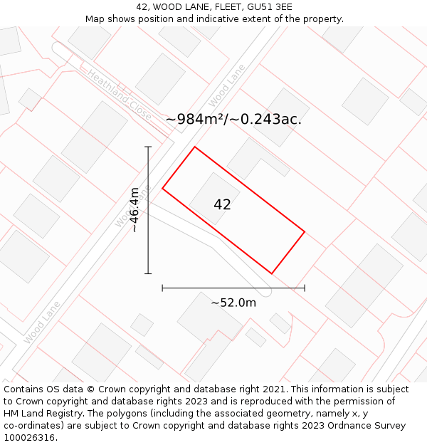 42, WOOD LANE, FLEET, GU51 3EE: Plot and title map