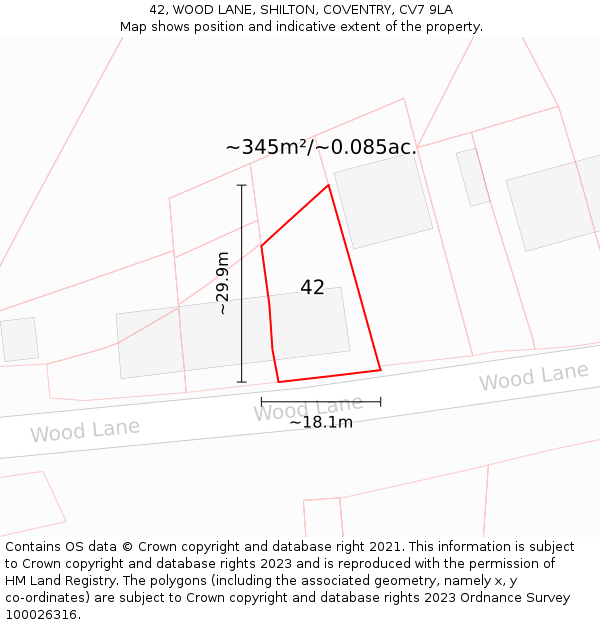 42, WOOD LANE, SHILTON, COVENTRY, CV7 9LA: Plot and title map