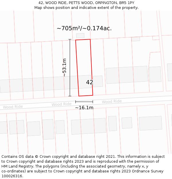 42, WOOD RIDE, PETTS WOOD, ORPINGTON, BR5 1PY: Plot and title map