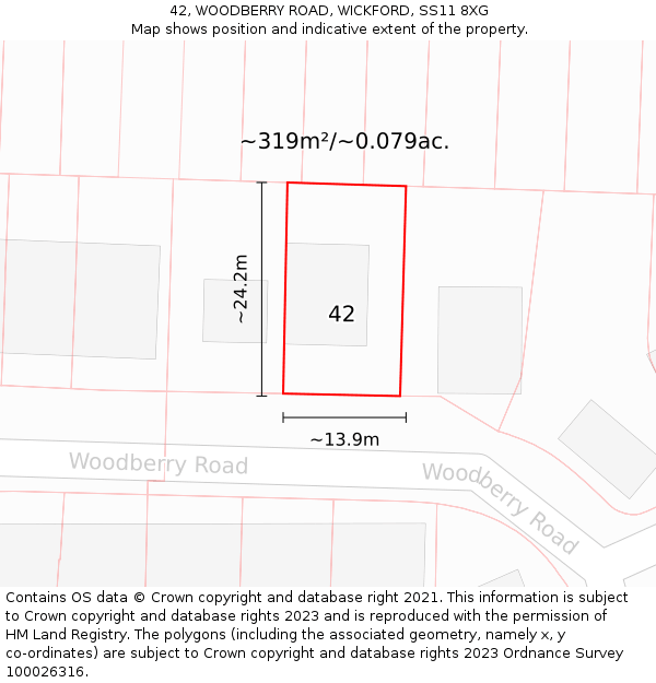 42, WOODBERRY ROAD, WICKFORD, SS11 8XG: Plot and title map