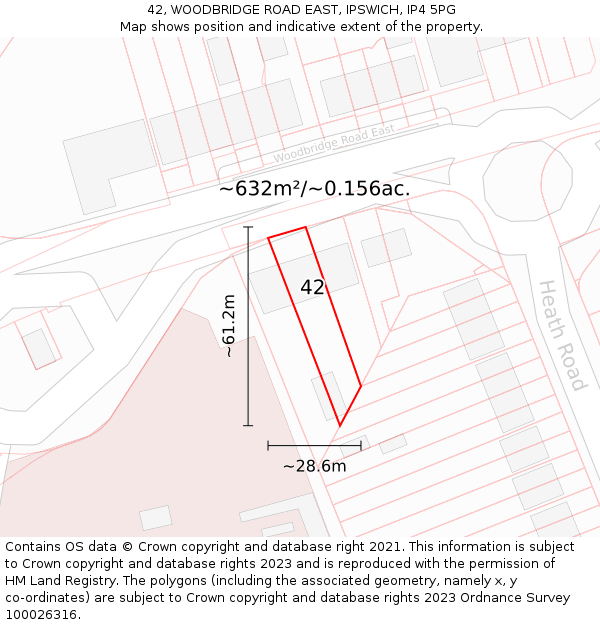 42, WOODBRIDGE ROAD EAST, IPSWICH, IP4 5PG: Plot and title map