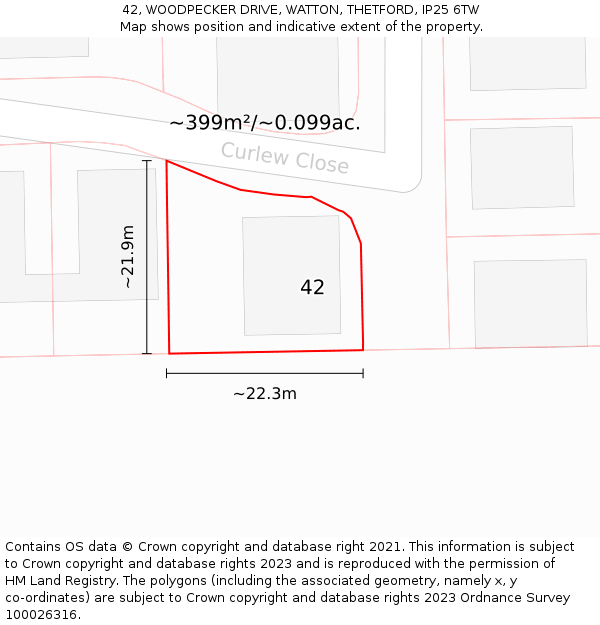 42, WOODPECKER DRIVE, WATTON, THETFORD, IP25 6TW: Plot and title map