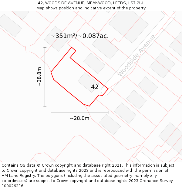 42, WOODSIDE AVENUE, MEANWOOD, LEEDS, LS7 2UL: Plot and title map