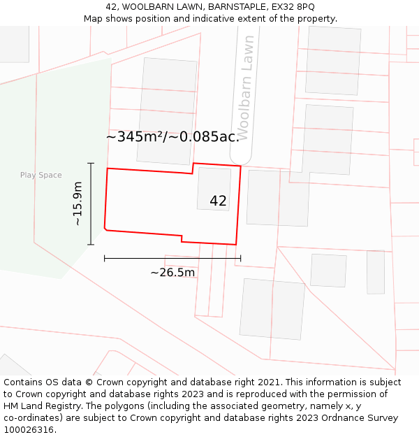 42, WOOLBARN LAWN, BARNSTAPLE, EX32 8PQ: Plot and title map