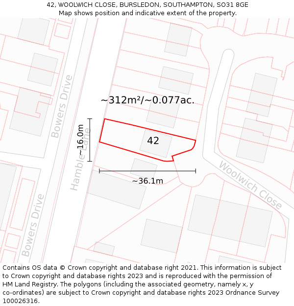 42, WOOLWICH CLOSE, BURSLEDON, SOUTHAMPTON, SO31 8GE: Plot and title map