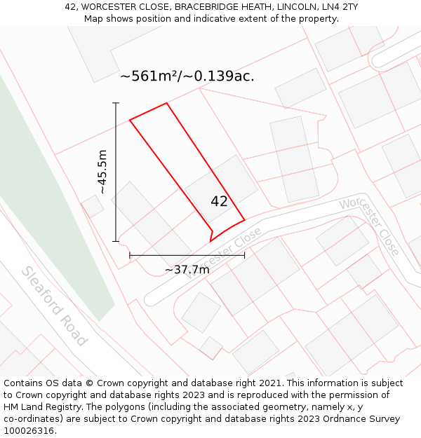 42, WORCESTER CLOSE, BRACEBRIDGE HEATH, LINCOLN, LN4 2TY: Plot and title map