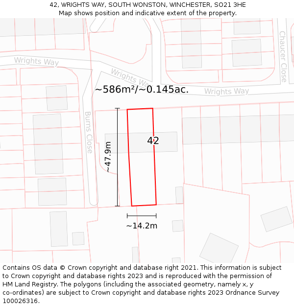 42, WRIGHTS WAY, SOUTH WONSTON, WINCHESTER, SO21 3HE: Plot and title map