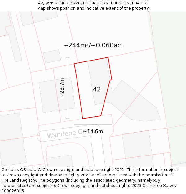 42, WYNDENE GROVE, FRECKLETON, PRESTON, PR4 1DE: Plot and title map