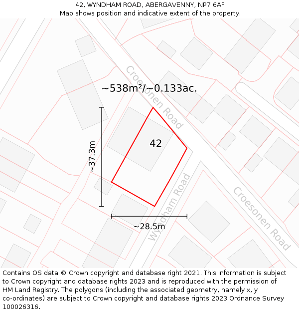 42, WYNDHAM ROAD, ABERGAVENNY, NP7 6AF: Plot and title map