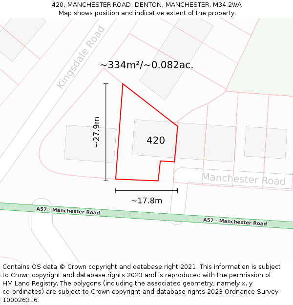 420, MANCHESTER ROAD, DENTON, MANCHESTER, M34 2WA: Plot and title map
