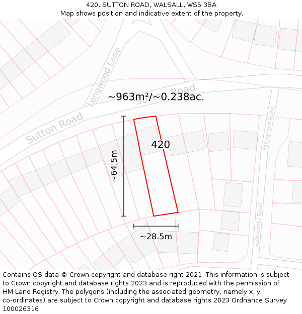 420, SUTTON ROAD, WALSALL, WS5 3BA: Plot and title map