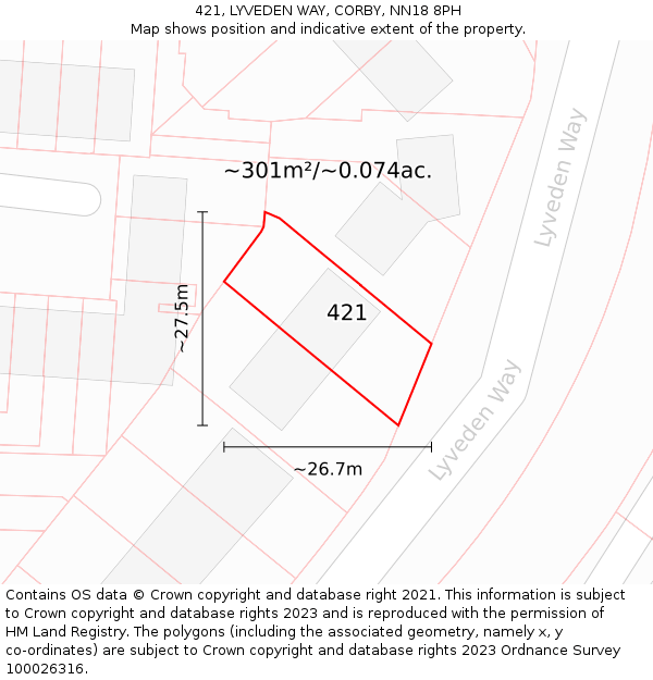 421, LYVEDEN WAY, CORBY, NN18 8PH: Plot and title map