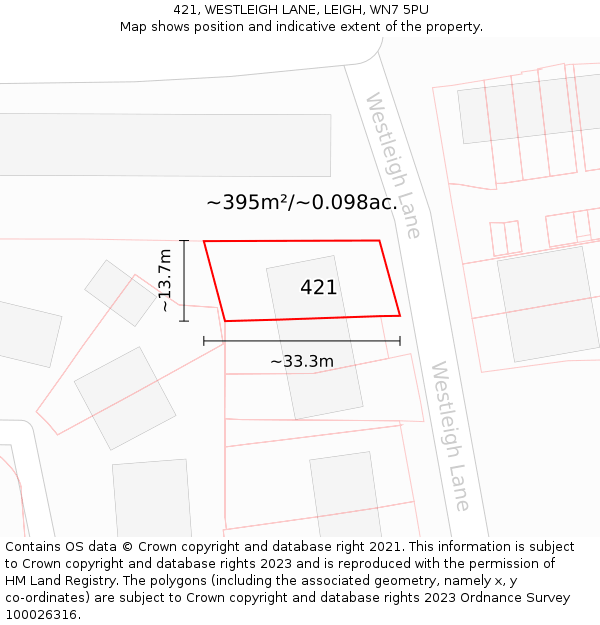 421, WESTLEIGH LANE, LEIGH, WN7 5PU: Plot and title map