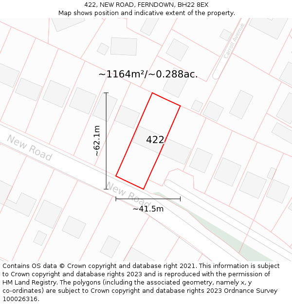 422, NEW ROAD, FERNDOWN, BH22 8EX: Plot and title map