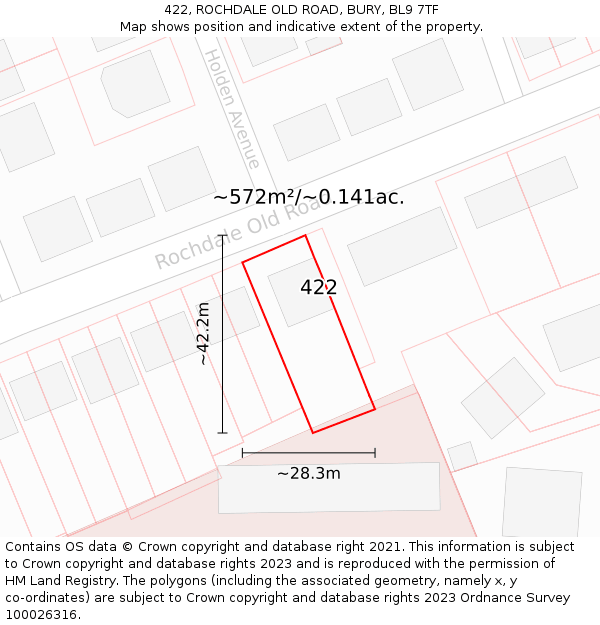 422, ROCHDALE OLD ROAD, BURY, BL9 7TF: Plot and title map