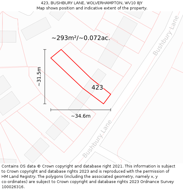 423, BUSHBURY LANE, WOLVERHAMPTON, WV10 8JY: Plot and title map
