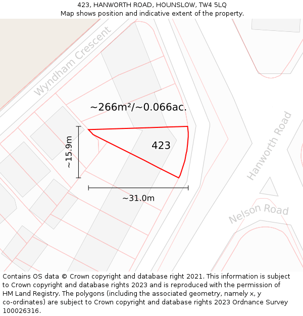 423, HANWORTH ROAD, HOUNSLOW, TW4 5LQ: Plot and title map