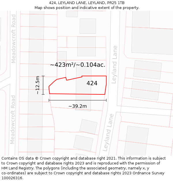 424, LEYLAND LANE, LEYLAND, PR25 1TB: Plot and title map