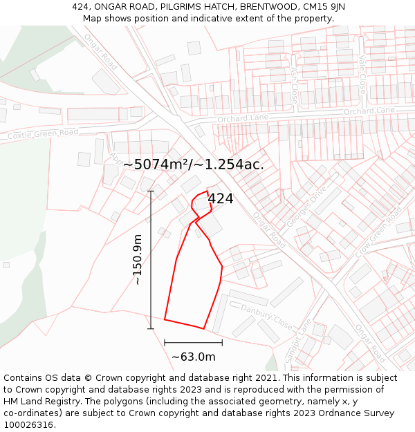 424, ONGAR ROAD, PILGRIMS HATCH, BRENTWOOD, CM15 9JN: Plot and title map