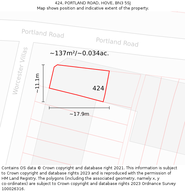 424, PORTLAND ROAD, HOVE, BN3 5SJ: Plot and title map