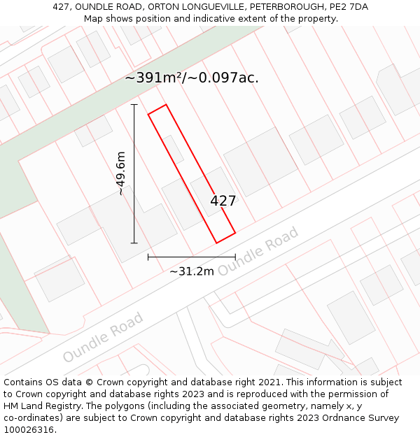 427, OUNDLE ROAD, ORTON LONGUEVILLE, PETERBOROUGH, PE2 7DA: Plot and title map