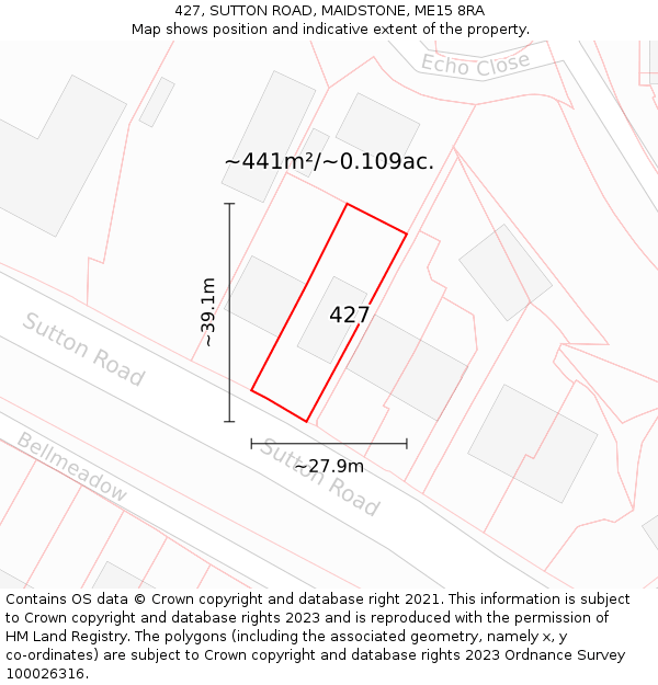 427, SUTTON ROAD, MAIDSTONE, ME15 8RA: Plot and title map