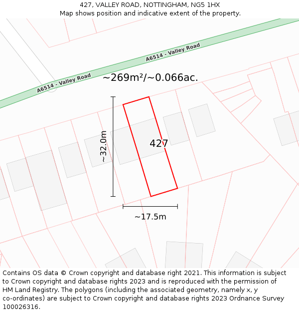 427, VALLEY ROAD, NOTTINGHAM, NG5 1HX: Plot and title map