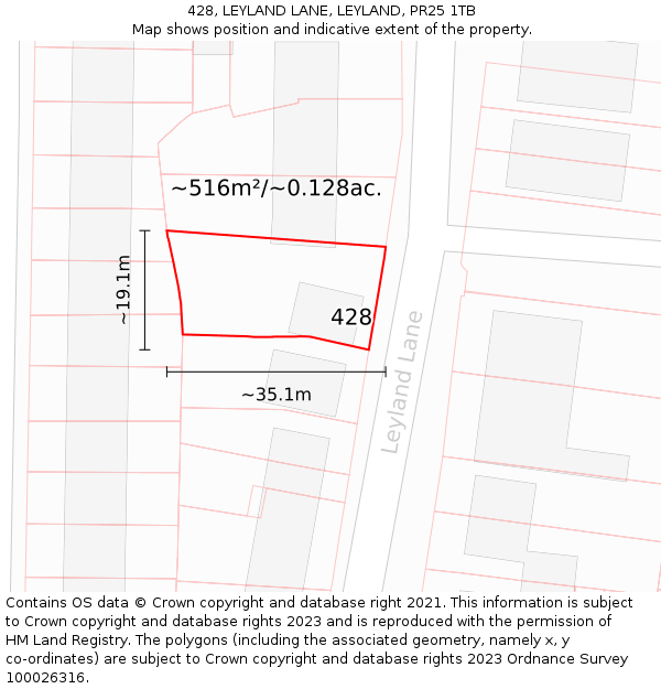 428, LEYLAND LANE, LEYLAND, PR25 1TB: Plot and title map