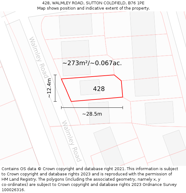 428, WALMLEY ROAD, SUTTON COLDFIELD, B76 1PE: Plot and title map