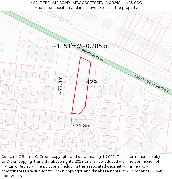 429, DEREHAM ROAD, NEW COSTESSEY, NORWICH, NR5 0SG: Plot and title map