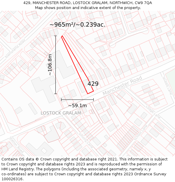 429, MANCHESTER ROAD, LOSTOCK GRALAM, NORTHWICH, CW9 7QA: Plot and title map