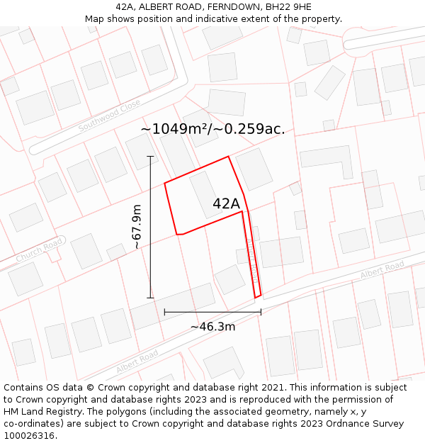 42A, ALBERT ROAD, FERNDOWN, BH22 9HE: Plot and title map