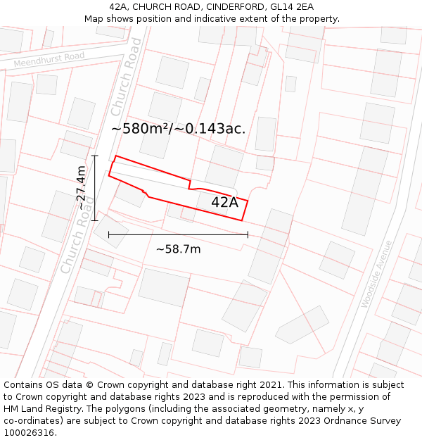 42A, CHURCH ROAD, CINDERFORD, GL14 2EA: Plot and title map