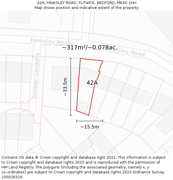 42A, HINKSLEY ROAD, FLITWICK, BEDFORD, MK45 1HH: Plot and title map