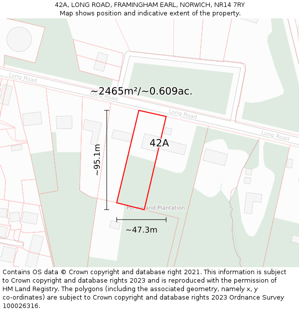 42A, LONG ROAD, FRAMINGHAM EARL, NORWICH, NR14 7RY: Plot and title map